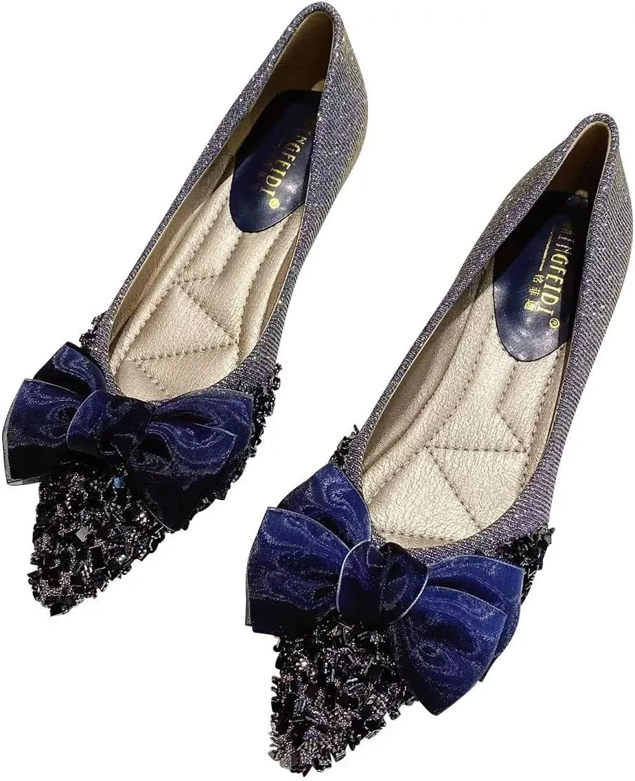Hee grand Kitten Heels for Women Sequins Bow-Knot Pointed Toe Mid Heels Pumps Comfort Office Lady Stiletto Shiny Rhinestone Party Dress Shoes