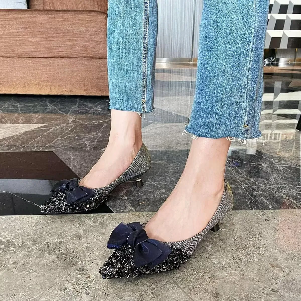 Hee grand Kitten Heels for Women Sequins Bow-Knot Pointed Toe Mid Heels Pumps Comfort Office Lady Stiletto Shiny Rhinestone Party Dress Shoes