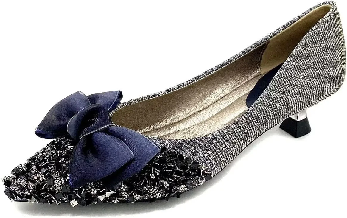 Hee grand Kitten Heels for Women Sequins Bow-Knot Pointed Toe Mid Heels Pumps Comfort Office Lady Stiletto Shiny Rhinestone Party Dress Shoes