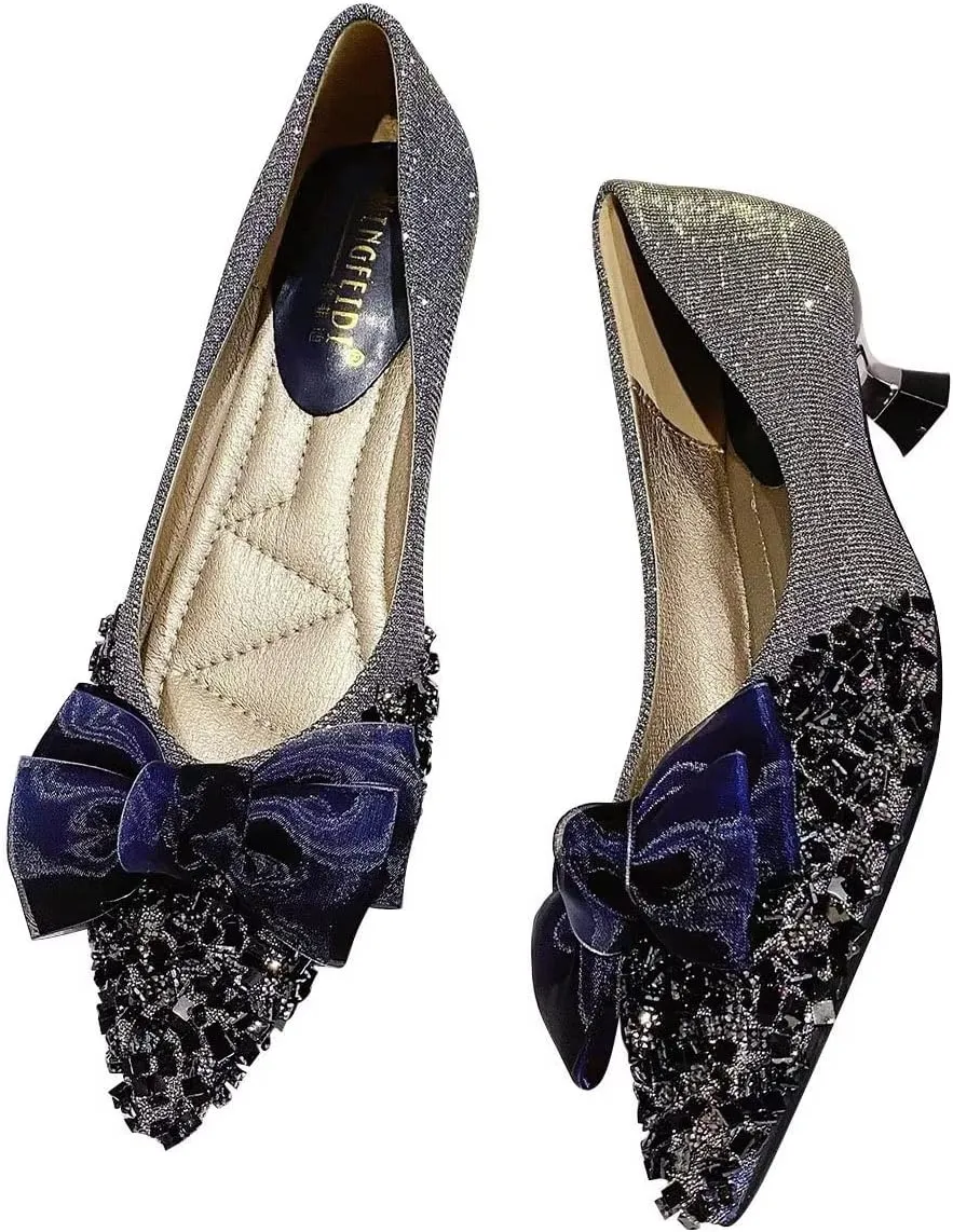 Hee grand Kitten Heels for Women Sequins Bow-Knot Pointed Toe Mid Heels Pumps Comfort Office Lady Stiletto Shiny Rhinestone Party Dress Shoes