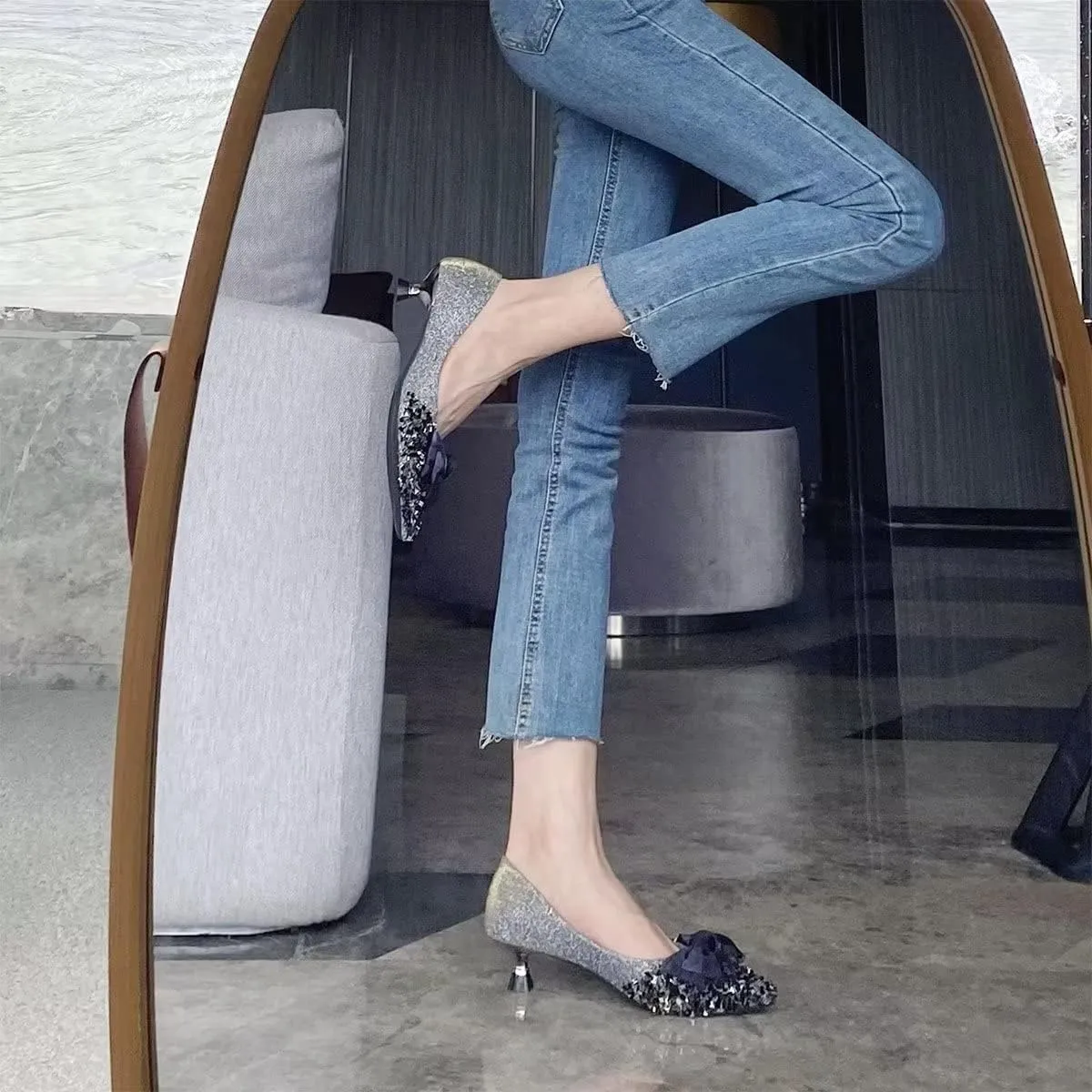 Hee grand Kitten Heels for Women Sequins Bow-Knot Pointed Toe Mid Heels Pumps Comfort Office Lady Stiletto Shiny Rhinestone Party Dress Shoes