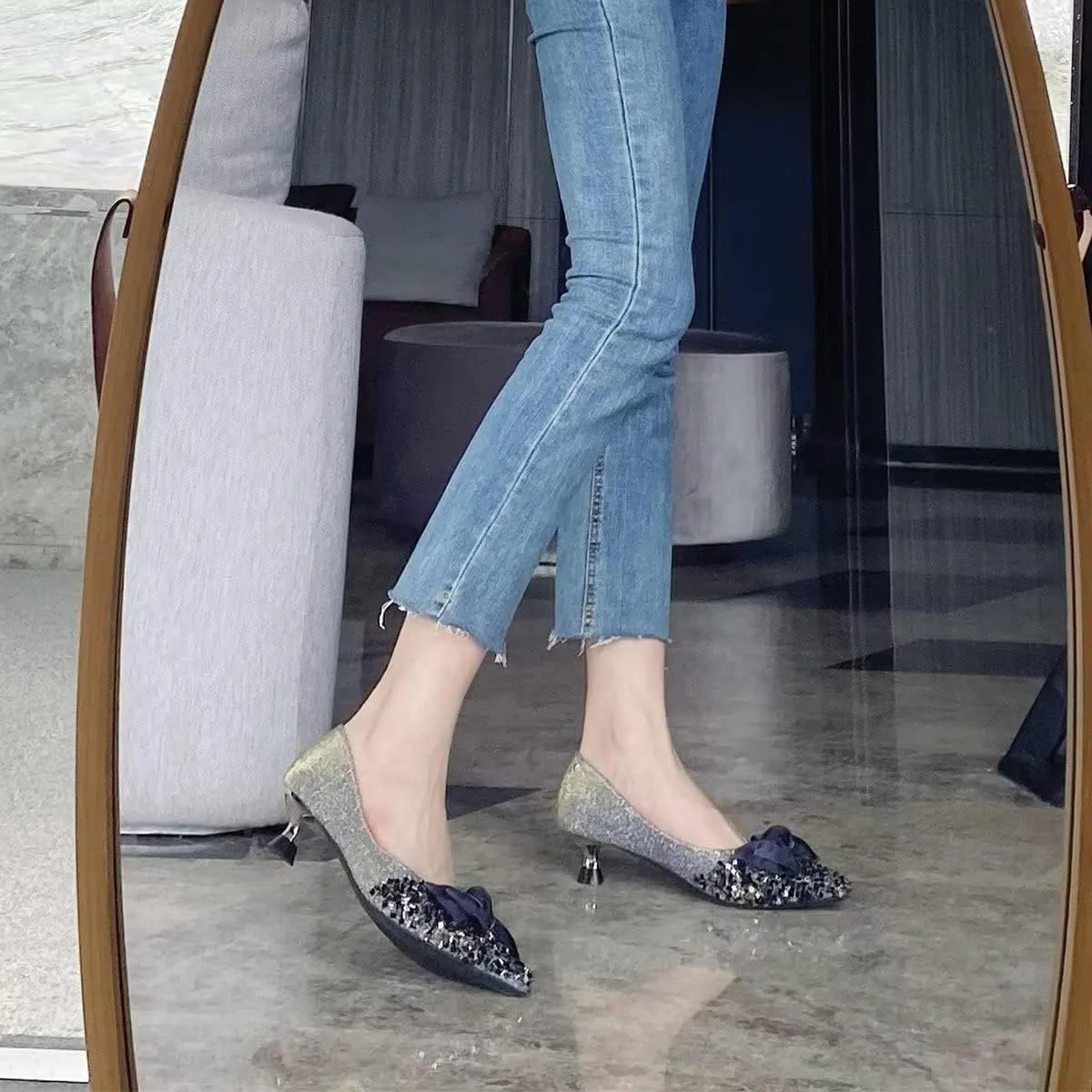 Hee grand Kitten Heels for Women Sequins Bow-Knot Pointed Toe Mid Heels Pumps Comfort Office Lady Stiletto Shiny Rhinestone Party Dress Shoes
