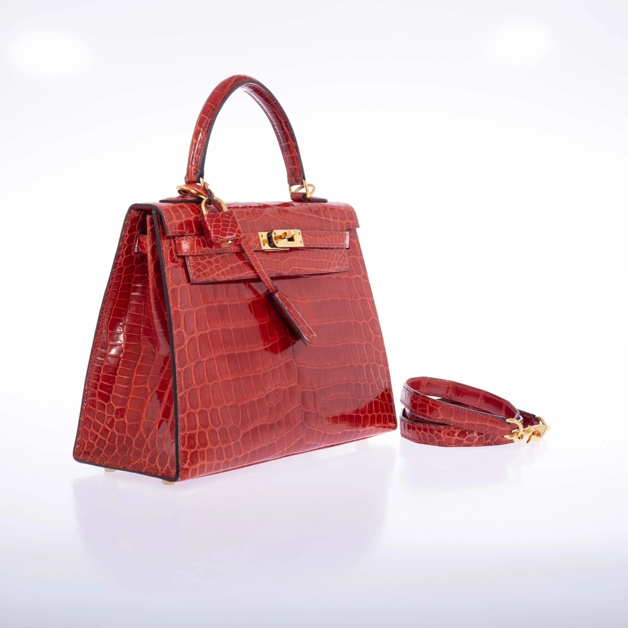 Hermès Kelly 25 Sellier Geranium Shiny Alligator Gold Hardware