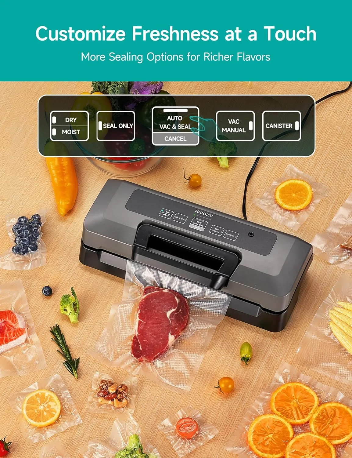 HiCOZY Vacuum Sealer for Food, Powerful Heat Food Sealer, Dry Moist 7-1 Multiple Automatic Modes, Easy-Lock Handle, Compact Design with 10 Vacuum Bags & 2 Bag Rolls, Bag Cutter Included, Space Gray