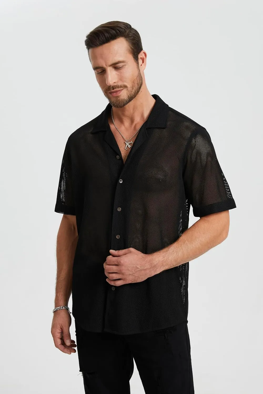 HISDERN Mens Summer Beach Shirts Casual See Through Sheer Lace Shirt Short Sleeve Button Down Mesh Shirt for Men
