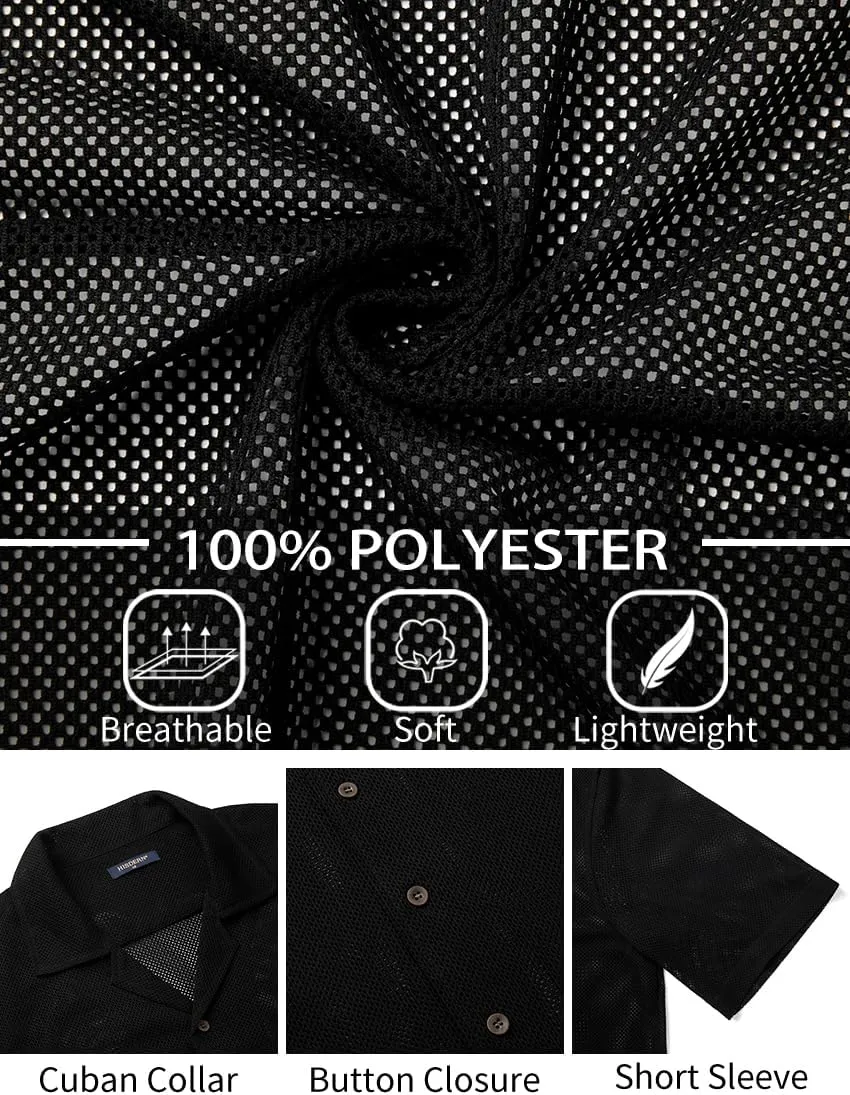 HISDERN Mens Summer Beach Shirts Casual See Through Sheer Lace Shirt Short Sleeve Button Down Mesh Shirt for Men