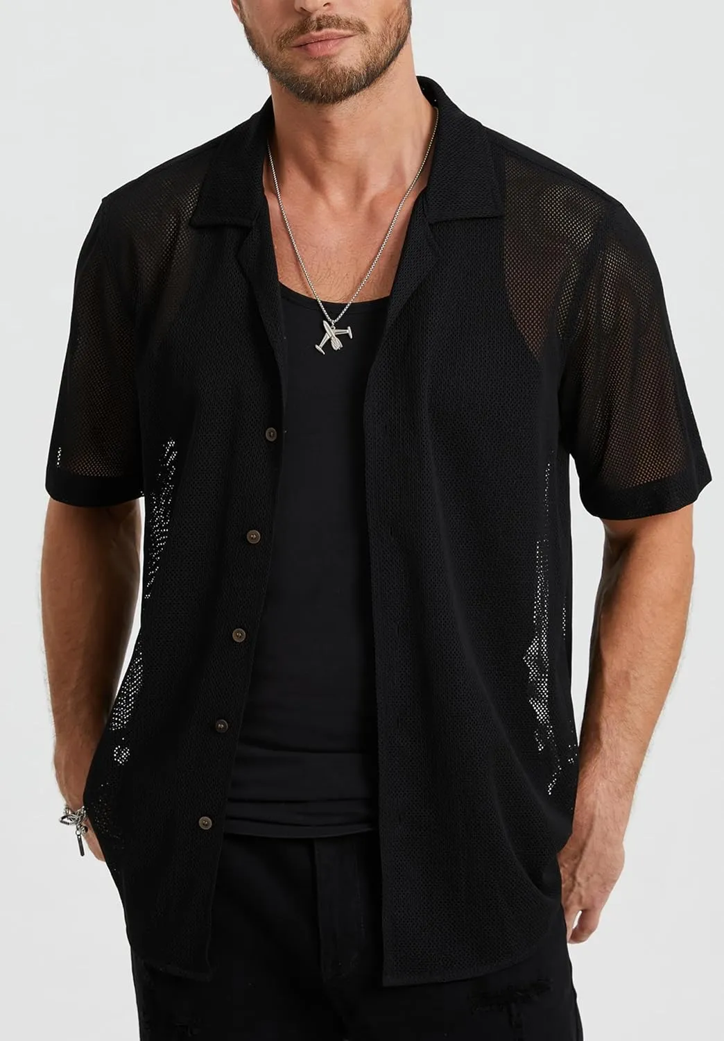 HISDERN Mens Summer Beach Shirts Casual See Through Sheer Lace Shirt Short Sleeve Button Down Mesh Shirt for Men