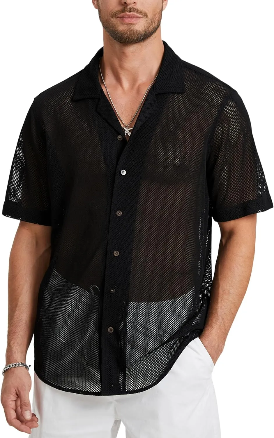 HISDERN Mens Summer Beach Shirts Casual See Through Sheer Lace Shirt Short Sleeve Button Down Mesh Shirt for Men