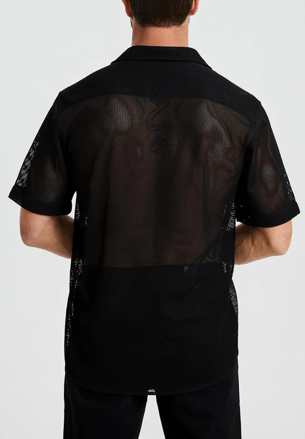 HISDERN Mens Summer Beach Shirts Casual See Through Sheer Lace Shirt Short Sleeve Button Down Mesh Shirt for Men