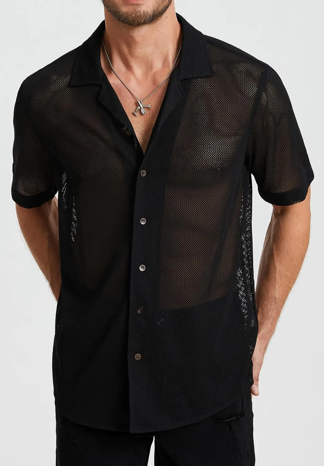HISDERN Mens Summer Beach Shirts Casual See Through Sheer Lace Shirt Short Sleeve Button Down Mesh Shirt for Men