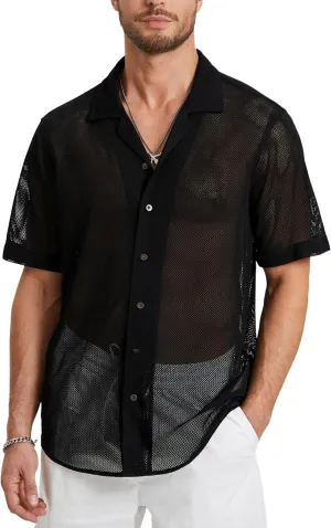 HISDERN Mens Summer Beach Shirts Casual See Through Sheer Lace Shirt Short Sleeve Button Down Mesh Shirt for Men