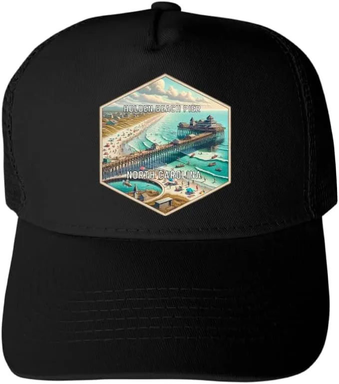 Holden Beach Pier North Carolina Souvenir Black Unisex Mesh Back Trucker Hat with Adjustable Snapback