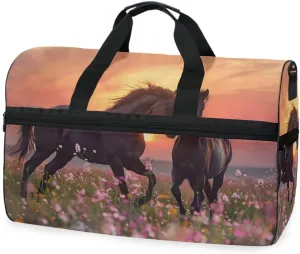 Horse Stallions Sunset Travel Duffel Bag Luggage Sports Gym Bags With Shoes Compartment Large Capacity Lightweight Duffle Bag For Men Women