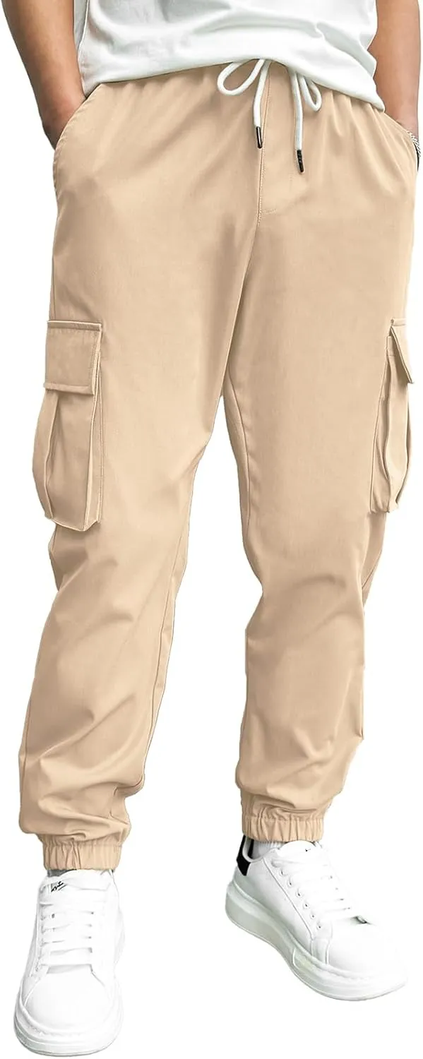 HOTake Men's Casual Cargo Pants Elastic Waist Drawstring Tapered Pants for Men Joggers Hiking Pants with Multi Pockets