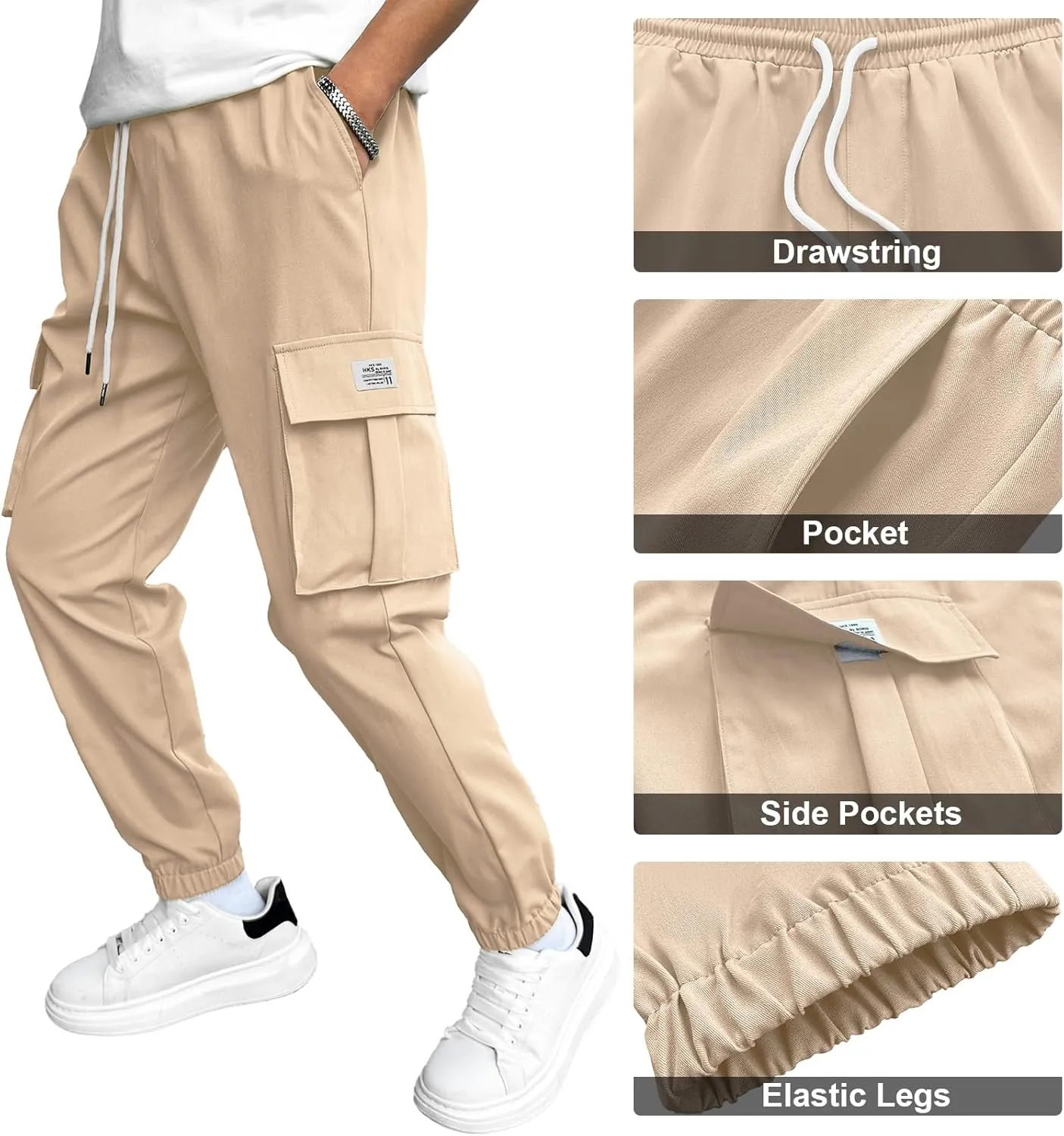 HOTake Men's Casual Cargo Pants Elastic Waist Drawstring Tapered Pants for Men Joggers Hiking Pants with Multi Pockets