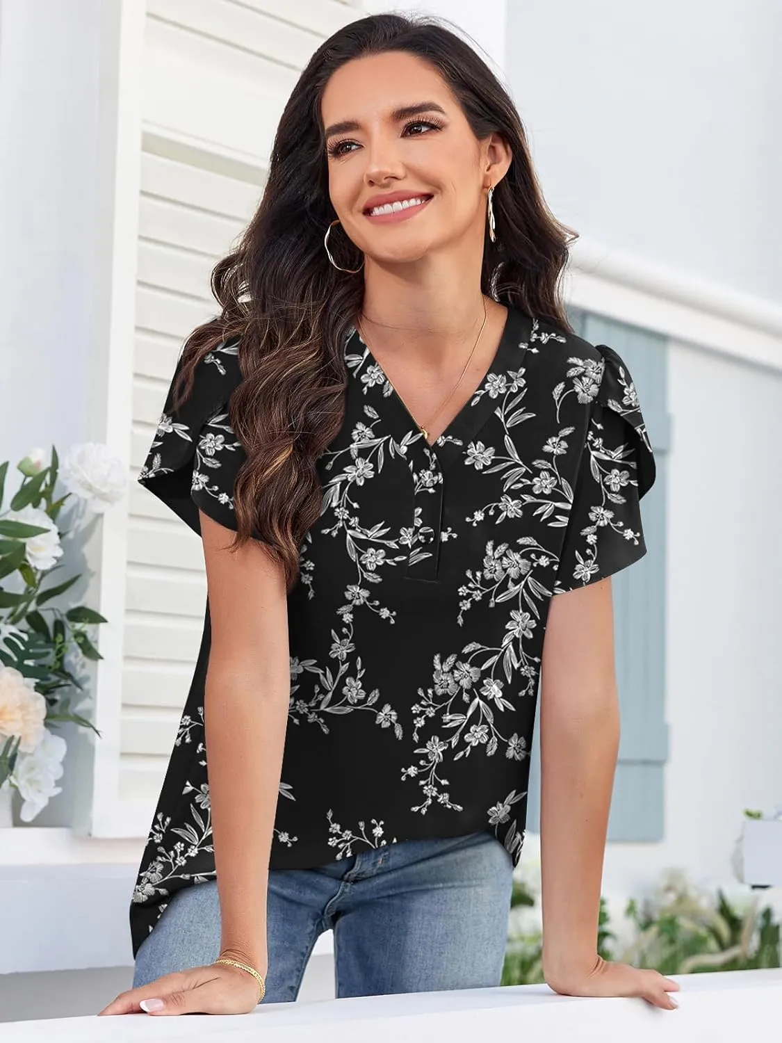 HOTGIFT Womens Blouse 2025 Summer Short Sleeve V Neck Buttons Chiffon Tops M-3XL