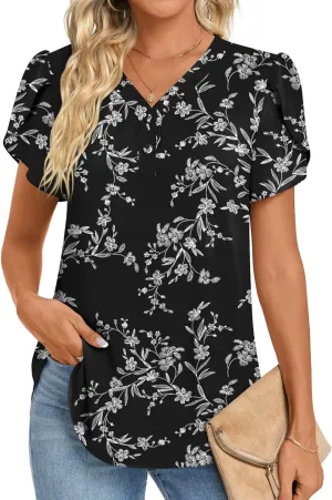 HOTGIFT Womens Blouse 2025 Summer Short Sleeve V Neck Buttons Chiffon Tops M-3XL