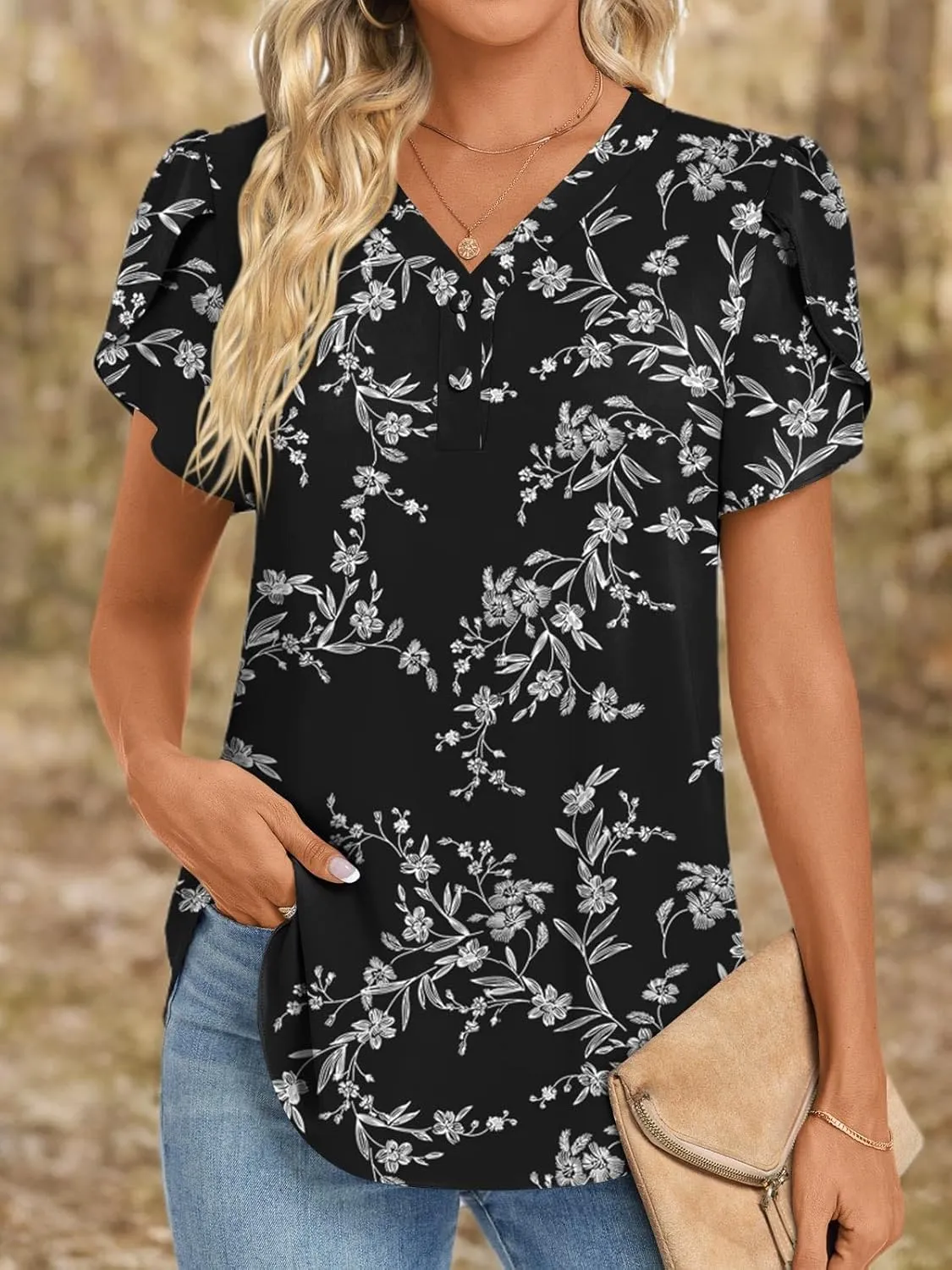HOTGIFT Womens Blouse 2025 Summer Short Sleeve V Neck Buttons Chiffon Tops M-3XL