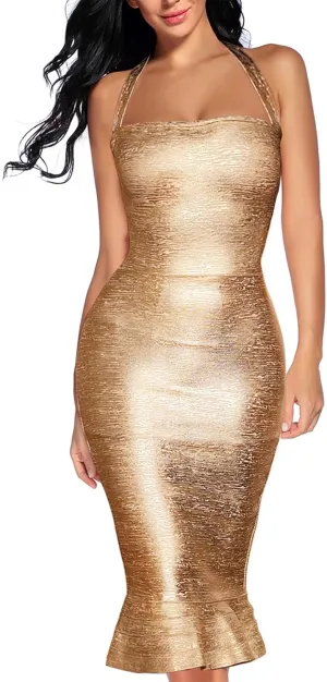 houstil Women's V Neck Halter Fishtail Bandage Bodycon Dress Party
