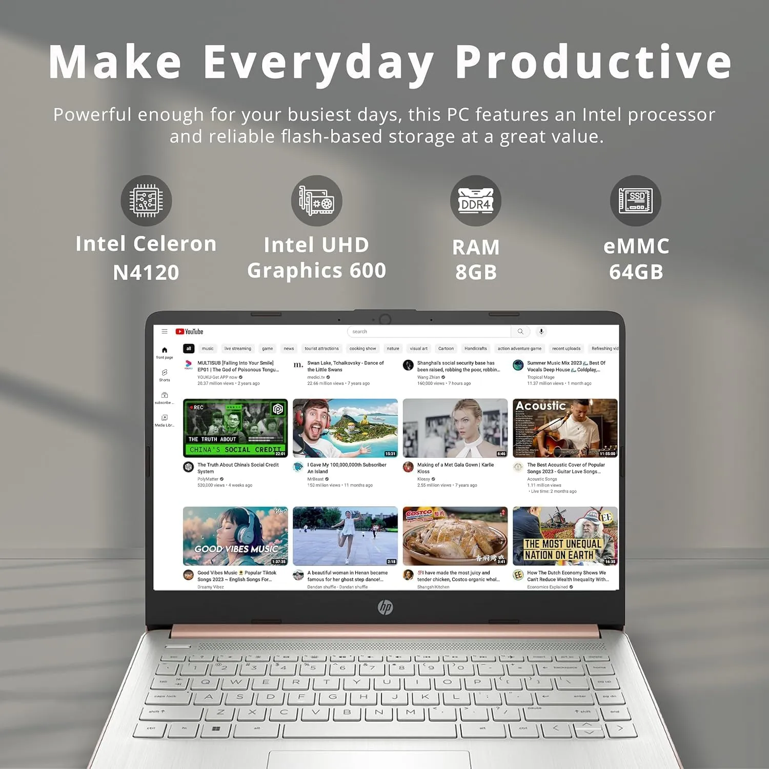 HP Premium Stream 14" HD BrightView Laptop, Intel Celeron N4120, 8GB RAM, 64GB eMMC, Intel UHD Graphics, HD Webcam, 1 Year Office 365, Bluetooth, WiFi, HDMI, Win 11s, Gold, 32GB Hotface USB Card
