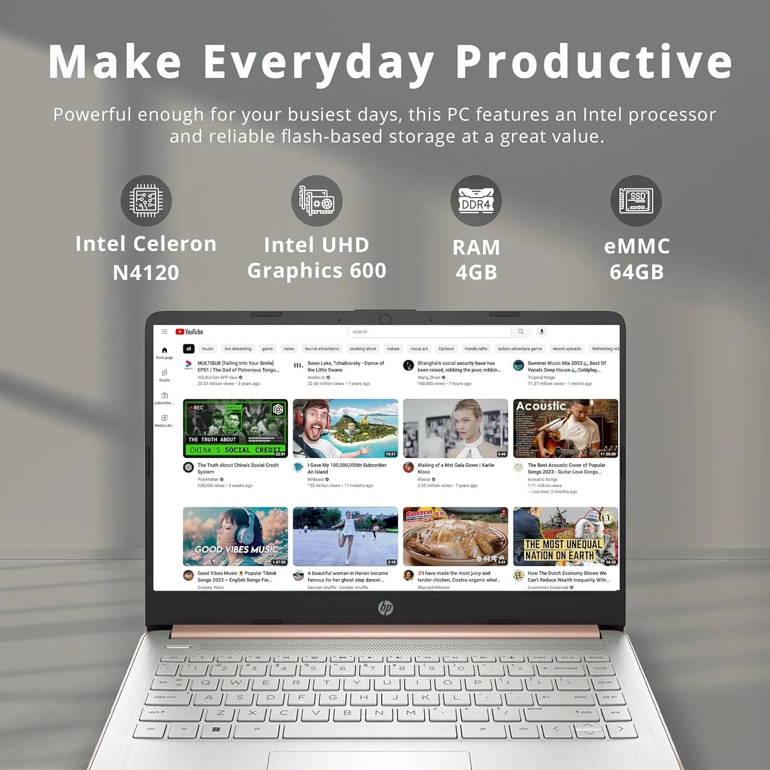 HP Stream 14" HD BrightView Laptop, Intel Celeron N4120, 4GB RAM, 64GB SSD, Intel HD Graphics, 720p Webcam, 1 Year Office 365, Gold, Win 11 S, 32GB Hotface USB Card