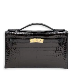 HSS Kelly Pochette Black/Lime in Shiny Alligator, Permabrass hardware