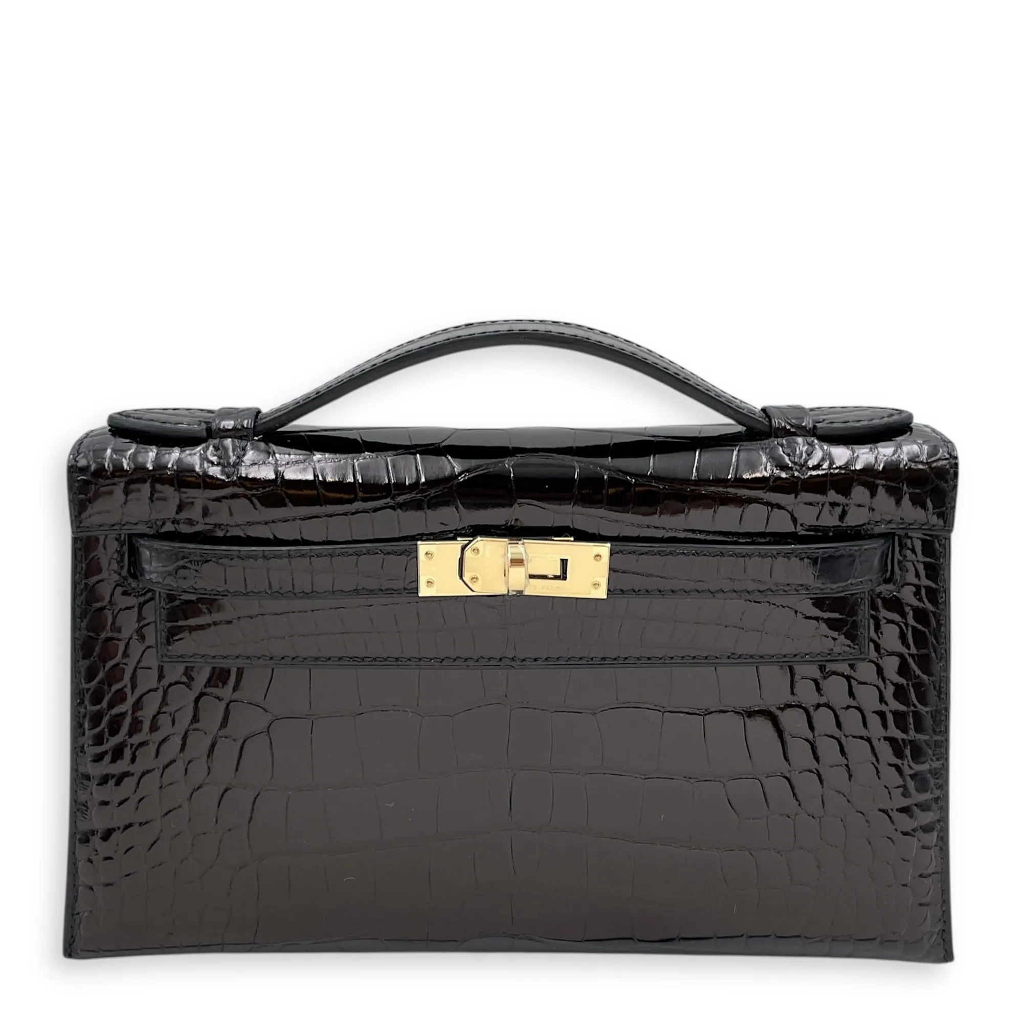 HSS Kelly Pochette Black/Lime in Shiny Alligator, Permabrass hardware