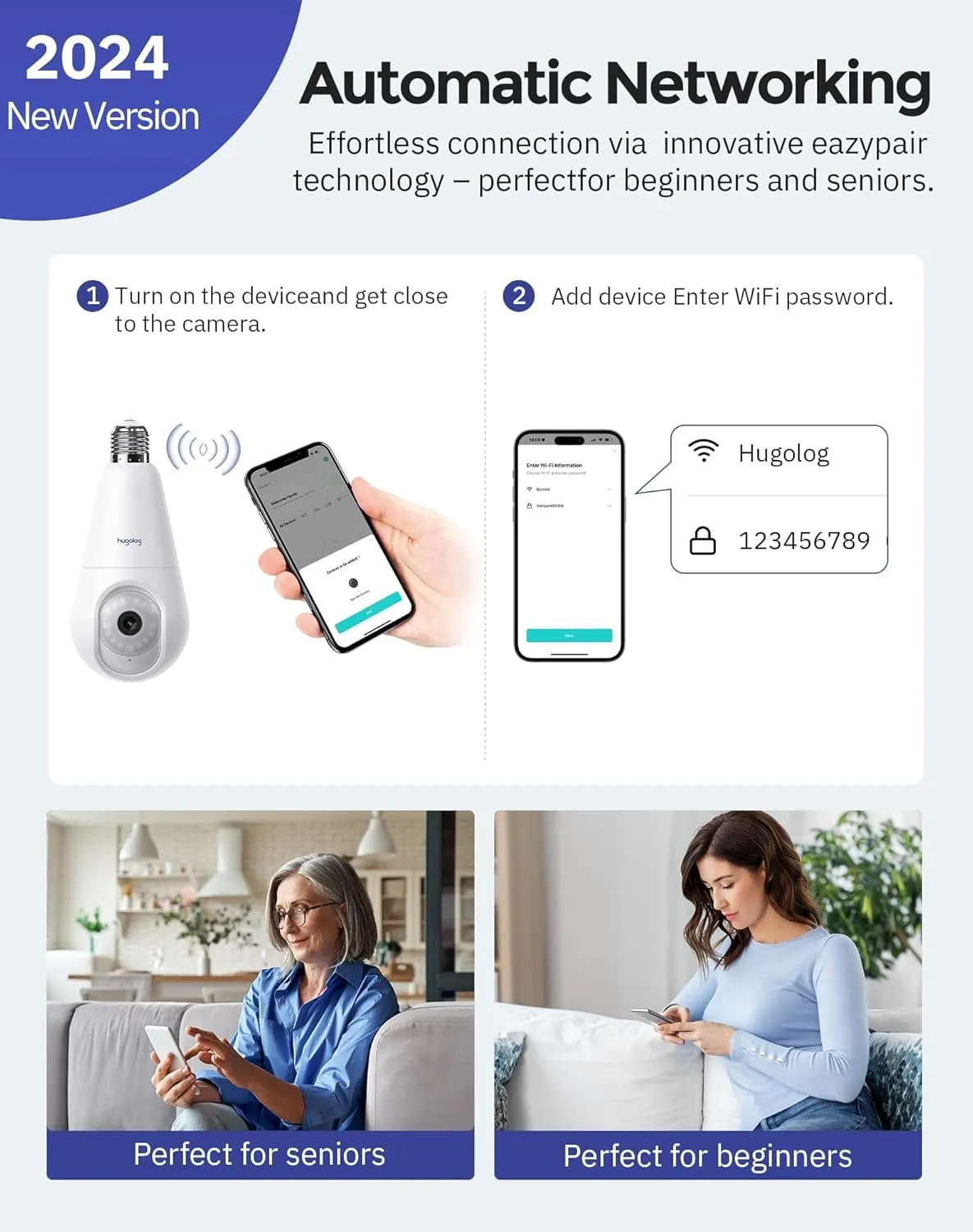 Hugolog 2K 3MP Light Bulb Security Camera 5G& 2.4GHz WiFi, 360° Wireless Outdoor Indoor Camera for Home, Motion Detection, Two-Way Talk, Color Night Vision, Siren Alarm, Compatible with Alexa