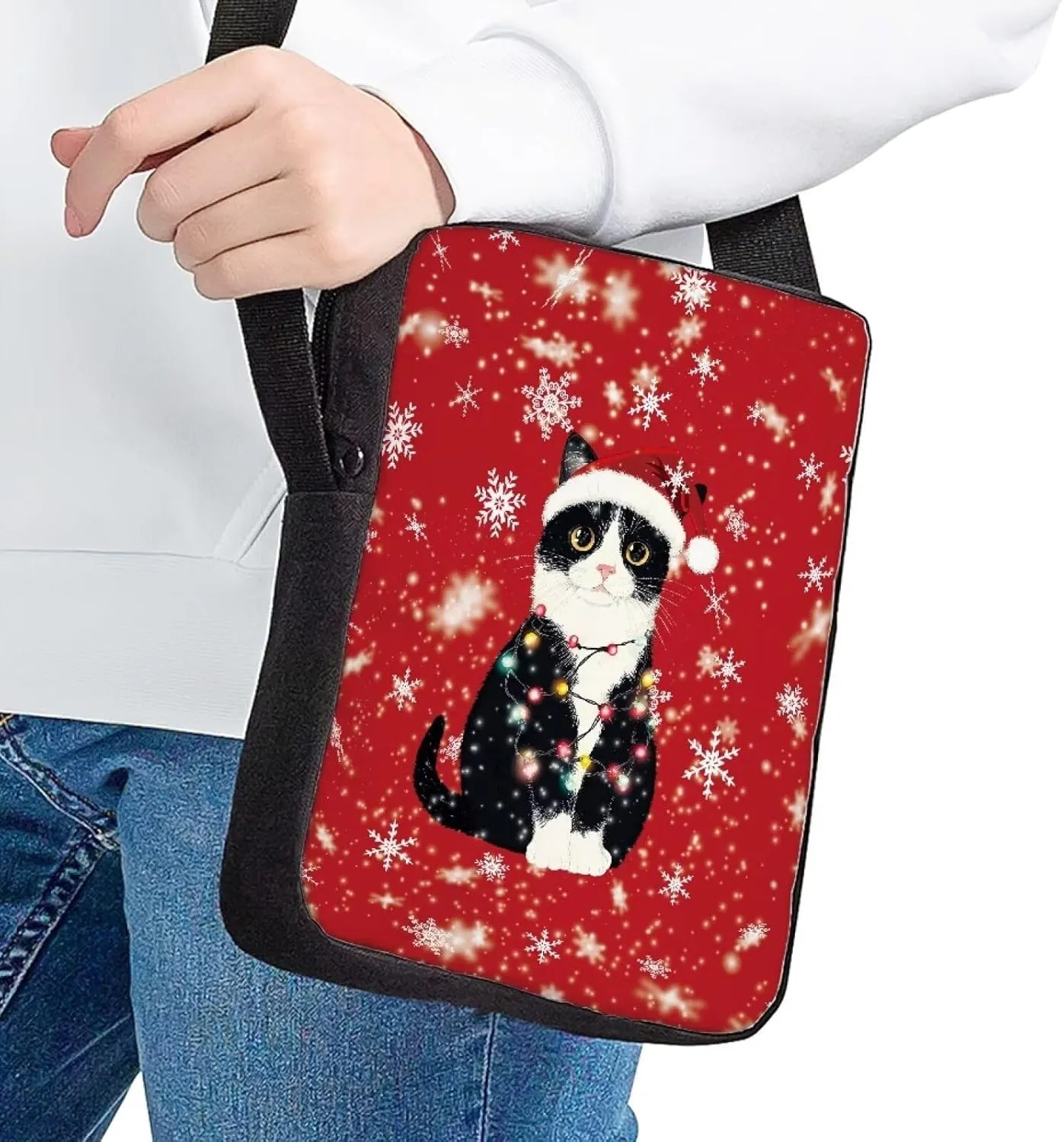 HUGS IDEA Christmas Crossbody Bag for Women Black Cat Mini Messenger Bag Cute Crossbody Shoulder Bag for Women Men Small Sling Bag Mini Cell Phone Purse Zipper Wallet