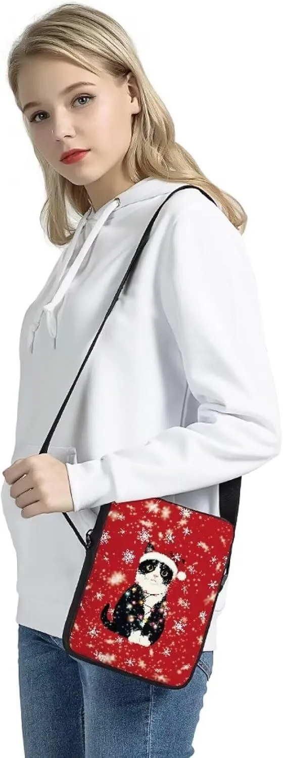 HUGS IDEA Christmas Crossbody Bag for Women Black Cat Mini Messenger Bag Cute Crossbody Shoulder Bag for Women Men Small Sling Bag Mini Cell Phone Purse Zipper Wallet