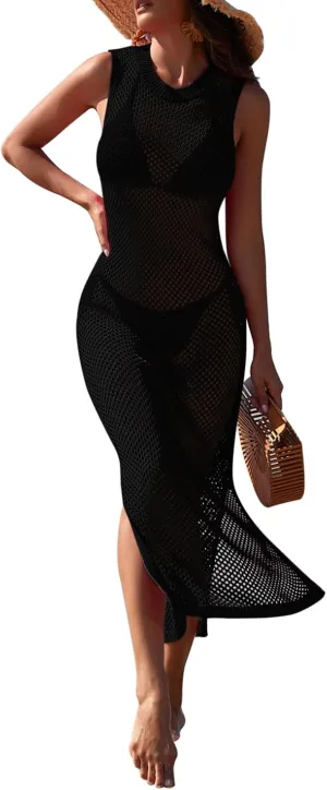 HUUSA Women's Crochet Swimsuit Cover Up Sleeveless Hollow Out Bathing Suit Coverup Sexy Backless Split Long Beach Dress