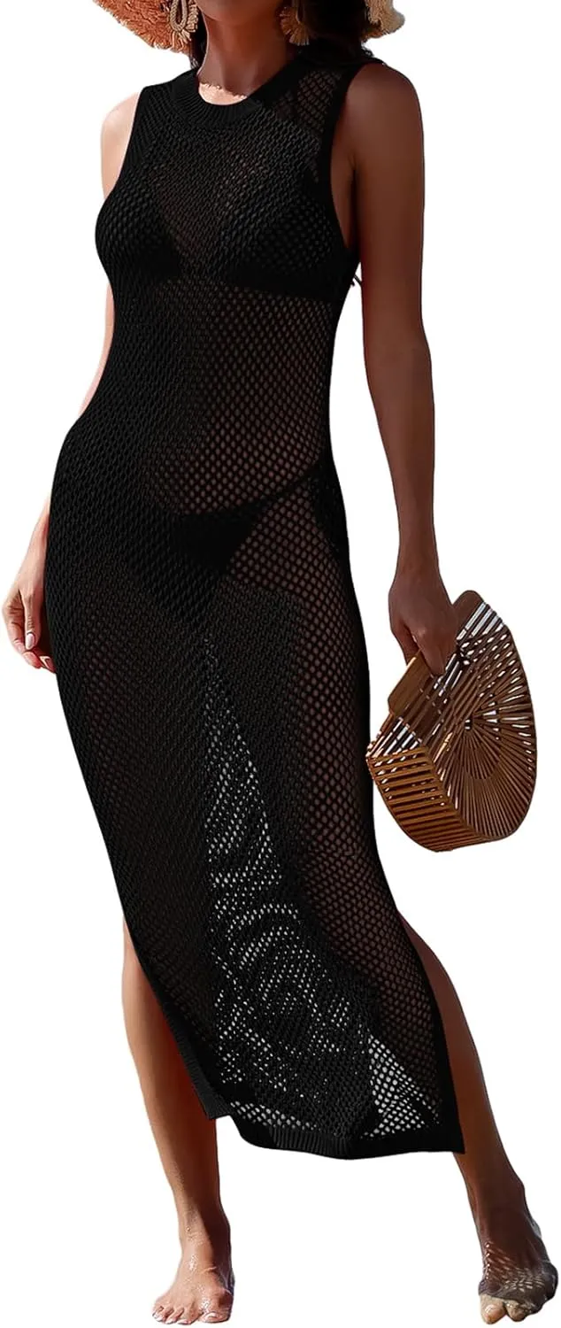 HUUSA Women's Crochet Swimsuit Cover Up Sleeveless Hollow Out Bathing Suit Coverup Sexy Backless Split Long Beach Dress