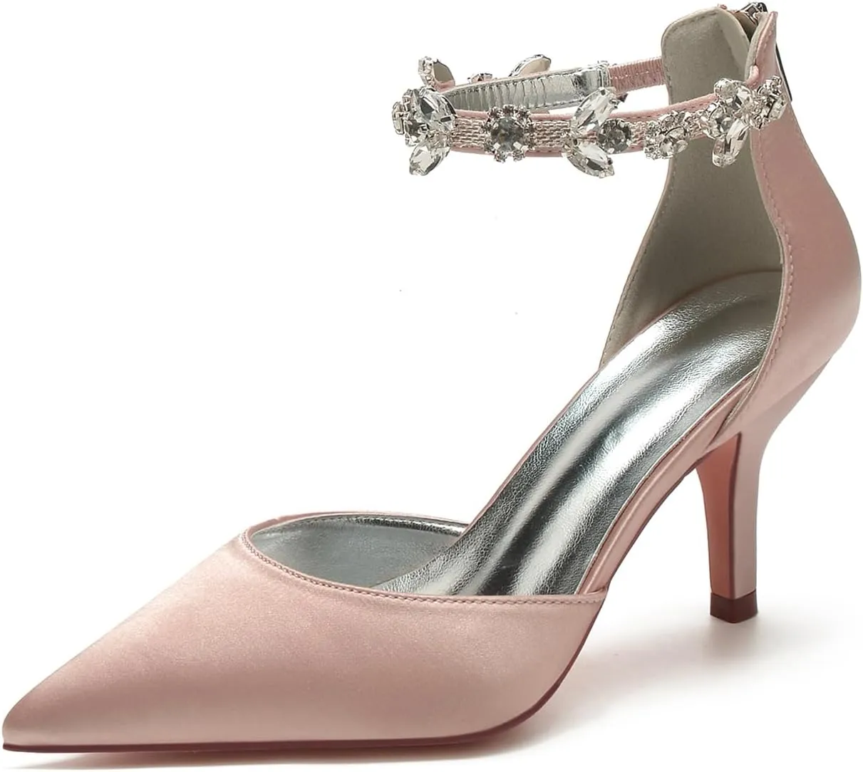 Hyinlays Women's Pointed Toe Ankle Strap Pumps Crystal Satin Wedding Bridal Shoes Party Stilettos Heeled Sandals