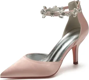 Hyinlays Women's Pointed Toe Ankle Strap Pumps Crystal Satin Wedding Bridal Shoes Party Stilettos Heeled Sandals
