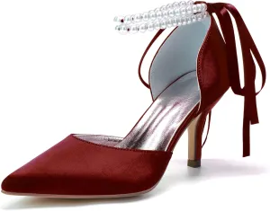 Hyinlays Women's Satin Closed Toe High Heels Wedding Shoes for Bride with Pearl Heeled Formal Evening Prom Party Dress Shoes Pumps