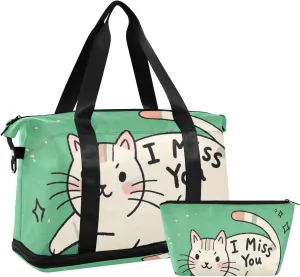 I Miss You Cartoon Cute White Cat Gym Bag Carry on Weekender Overnight Bag with Toiletry Bag for Airplane Traveling Foldable