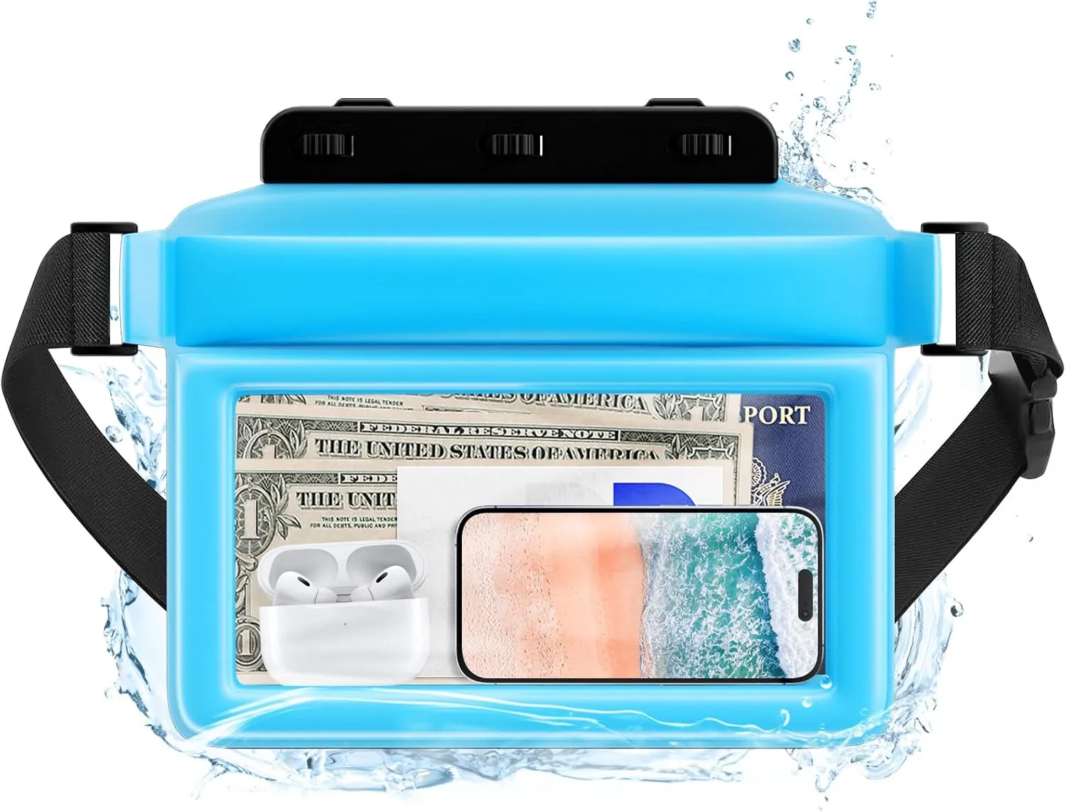 JOTO Large Floating Waterproof Phone Pouch with Adjustable Waist Strap, Water Proof Fanny Pack Dry Bag Wallet for Cellphone Passport Watch and Valuables, Beach Essential for Swimming Snorkeling -Blue