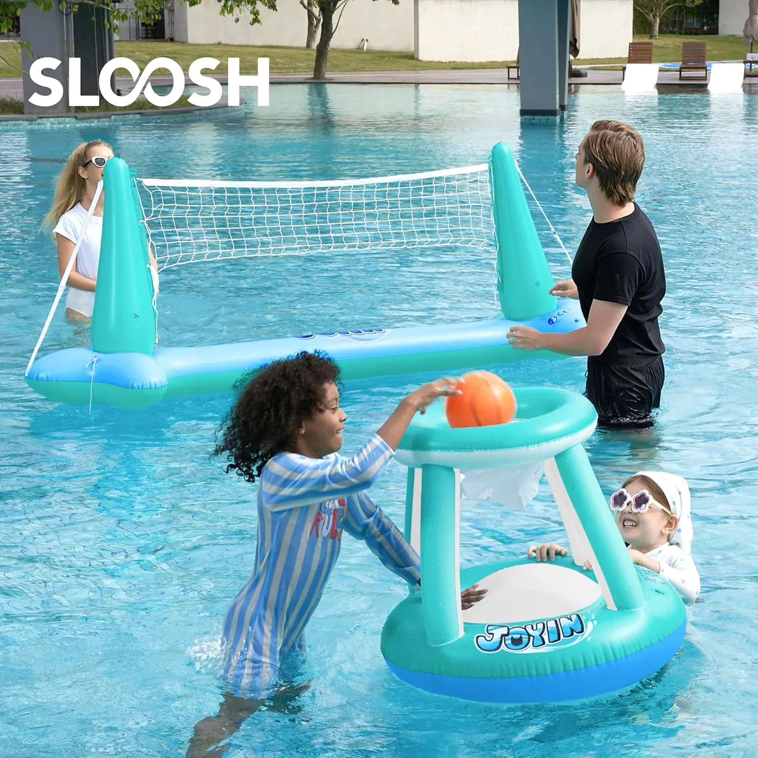 JOYIN Inflatable Pool Float Set Volleyball Net & Basketball Hoops, Floating Swimming Game Toy for Kids and Adults, Summer Floaties, Volleyball Court (105”x28”x35”)|Basketball (27”x23”x27”),L-Blue
