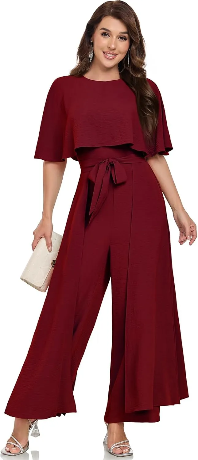 Jumpsuits for Women Dressy Summer Casual One-Piece Outfits Elegant Formal Cape Belted Wide Leg Rompers Evening Pantsuits