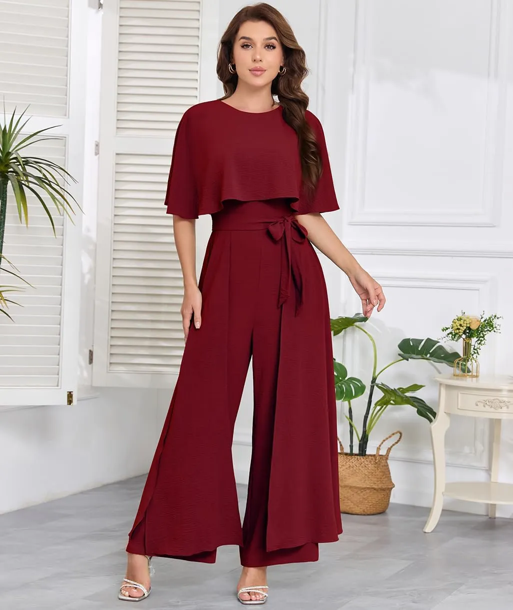 Jumpsuits for Women Dressy Summer Casual One-Piece Outfits Elegant Formal Cape Belted Wide Leg Rompers Evening Pantsuits