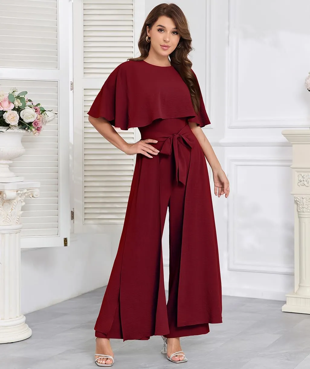Jumpsuits for Women Dressy Summer Casual One-Piece Outfits Elegant Formal Cape Belted Wide Leg Rompers Evening Pantsuits