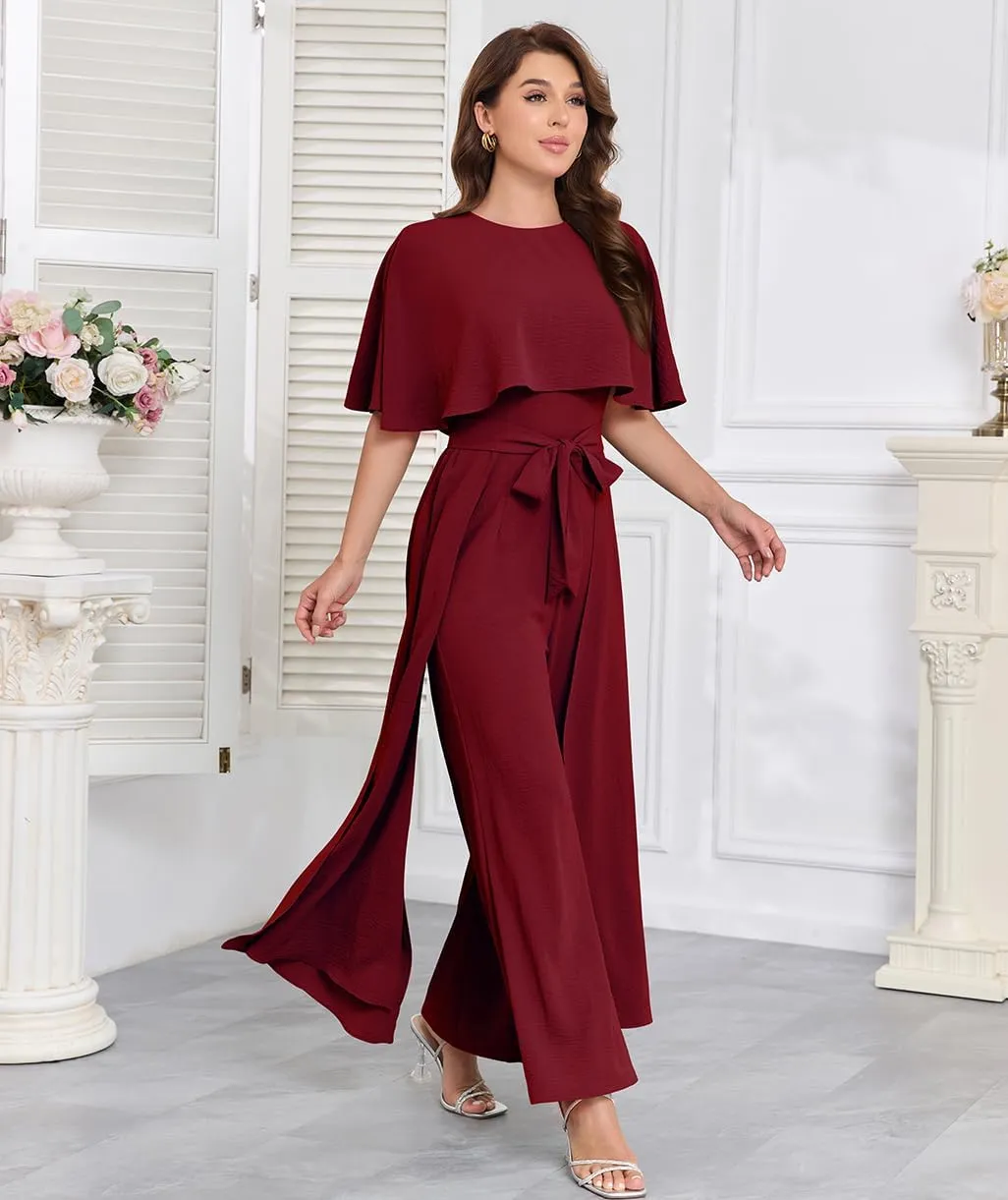 Jumpsuits for Women Dressy Summer Casual One-Piece Outfits Elegant Formal Cape Belted Wide Leg Rompers Evening Pantsuits