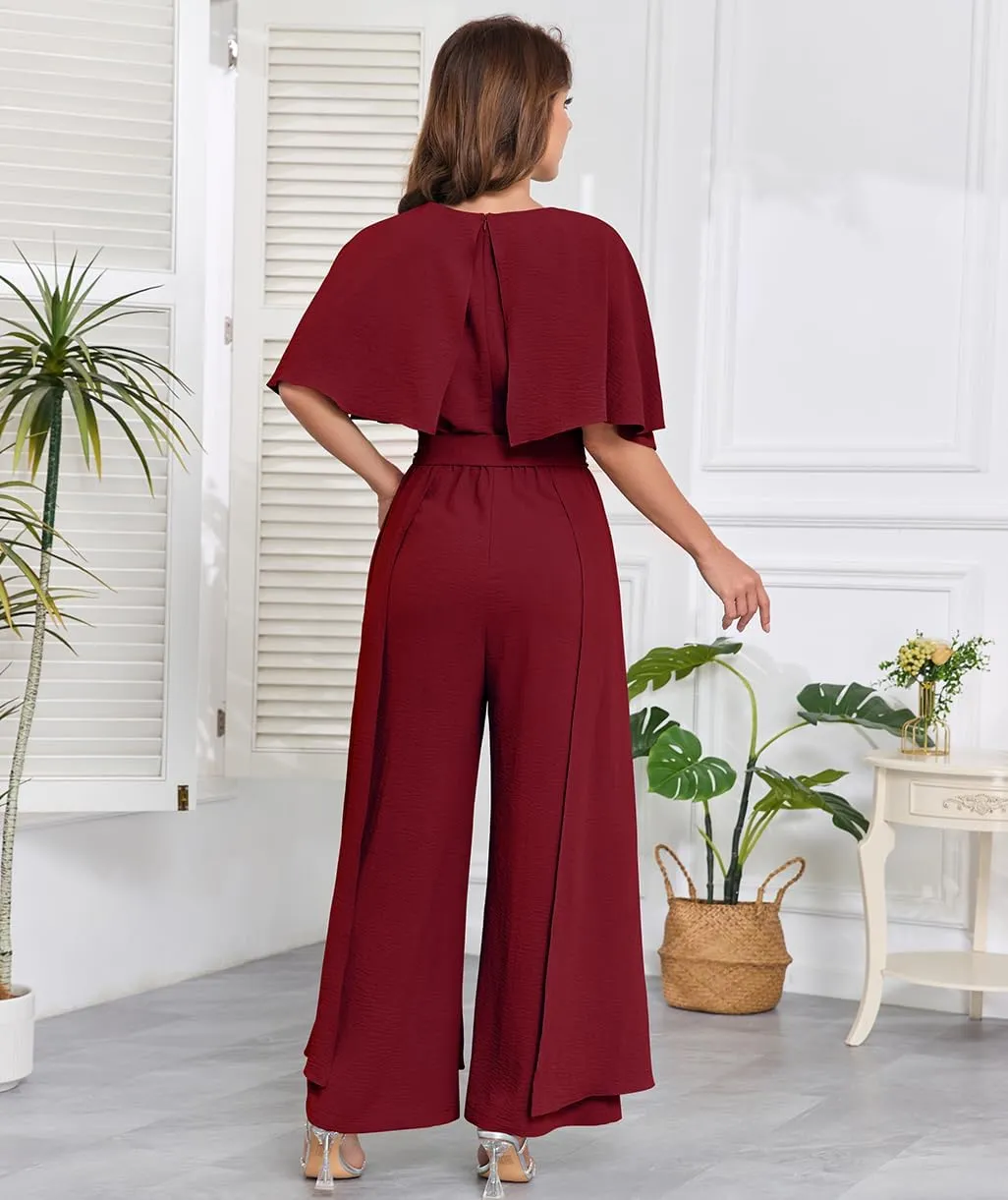 Jumpsuits for Women Dressy Summer Casual One-Piece Outfits Elegant Formal Cape Belted Wide Leg Rompers Evening Pantsuits