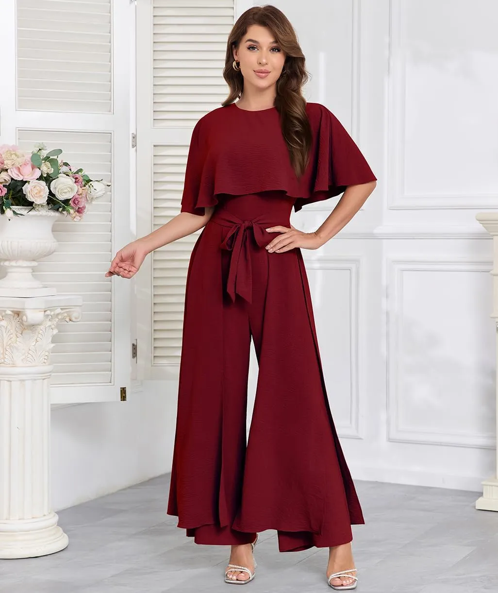 Jumpsuits for Women Dressy Summer Casual One-Piece Outfits Elegant Formal Cape Belted Wide Leg Rompers Evening Pantsuits