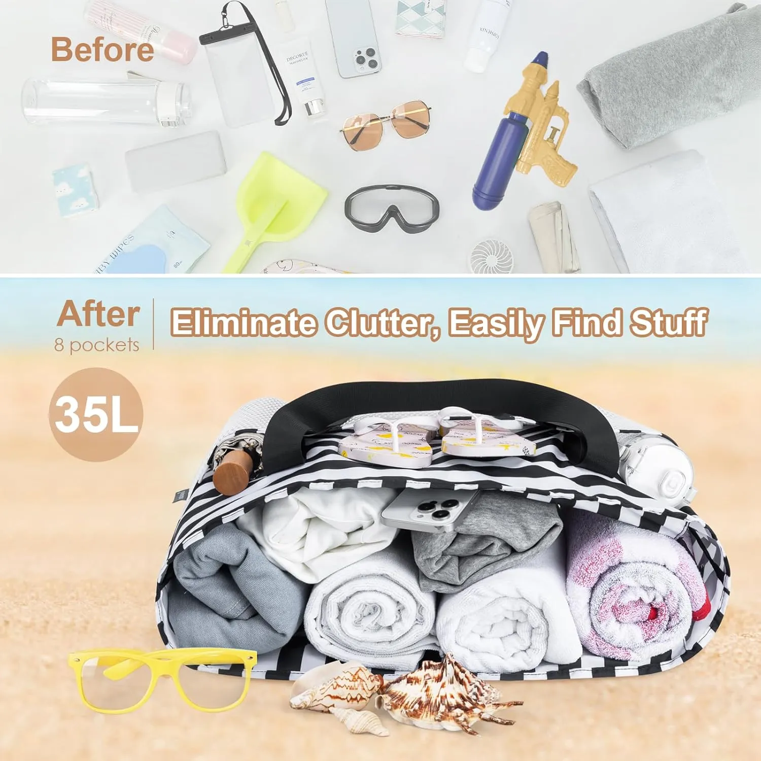 KABAQOO Large Beach Bag Waterproof Sandproof Tote Bag for Women with Zipper & Mesh Pockets for Pool Swim Travel Everyday
