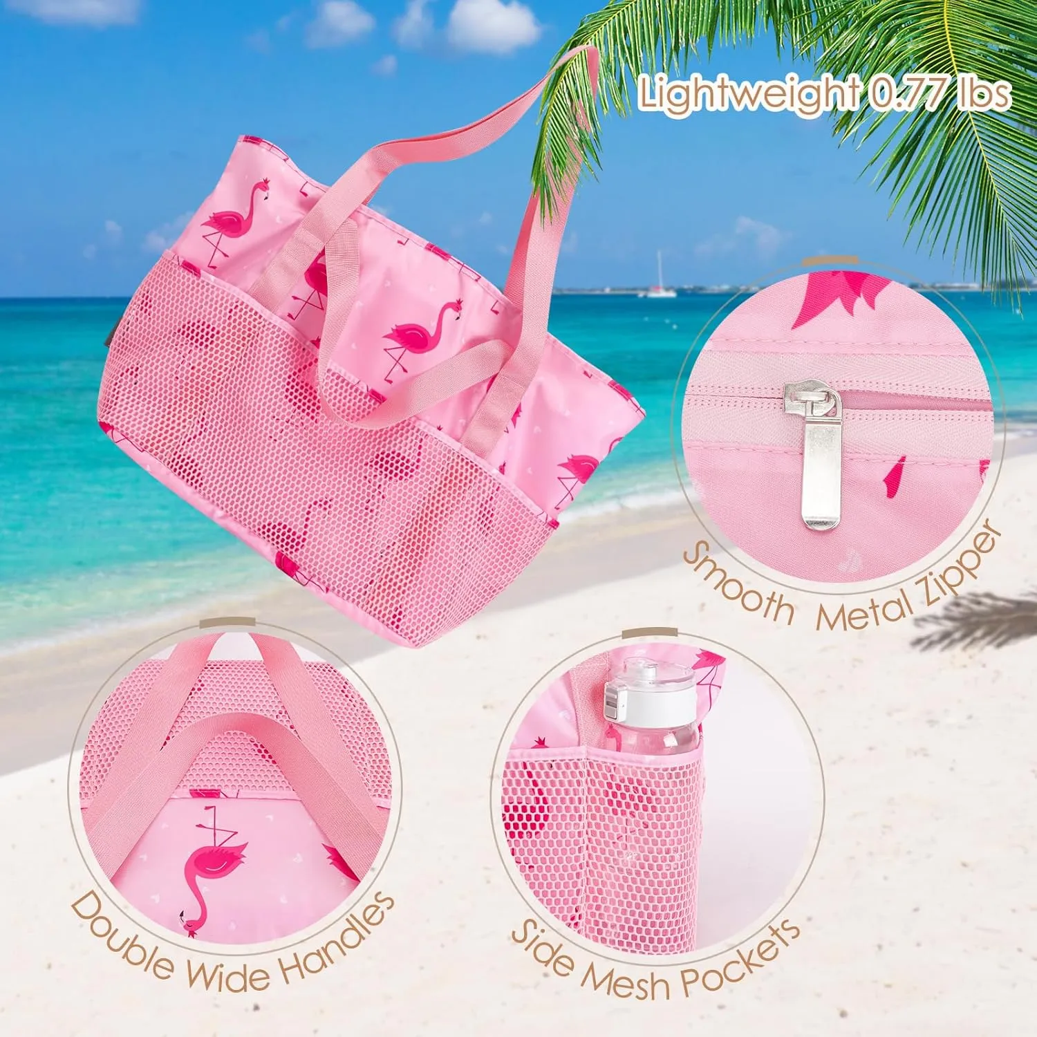 KABAQOO Large Beach Bag Waterproof Sandproof Tote Bag for Women with Zipper & Mesh Pockets for Pool Swim Travel Everyday