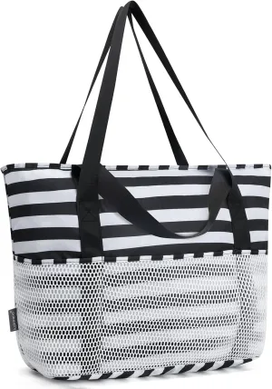 KABAQOO Large Beach Bag Waterproof Sandproof Tote Bag for Women with Zipper & Mesh Pockets for Pool Swim Travel Everyday