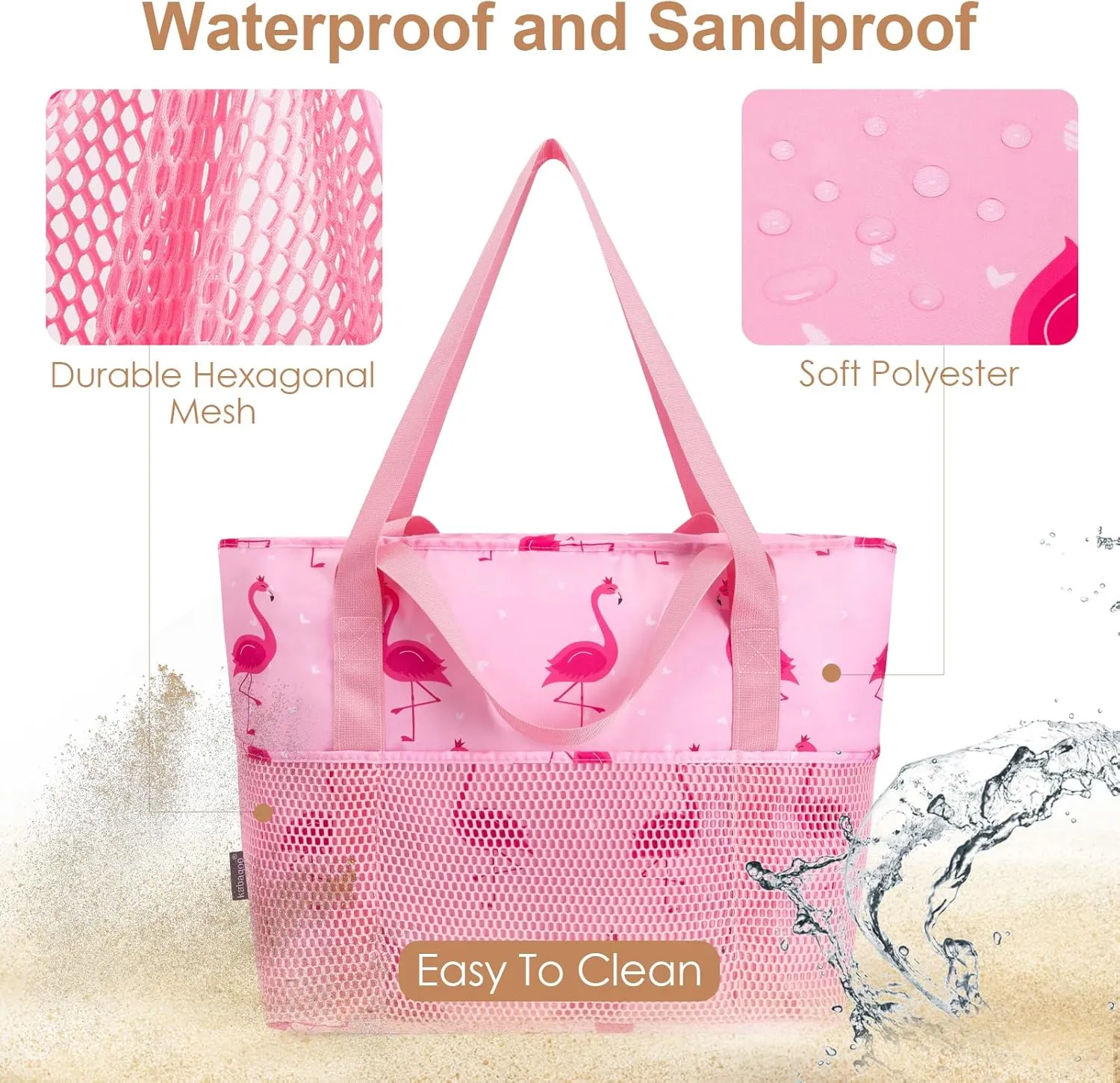 KABAQOO Large Beach Bag Waterproof Sandproof Tote Bag for Women with Zipper & Mesh Pockets for Pool Swim Travel Everyday