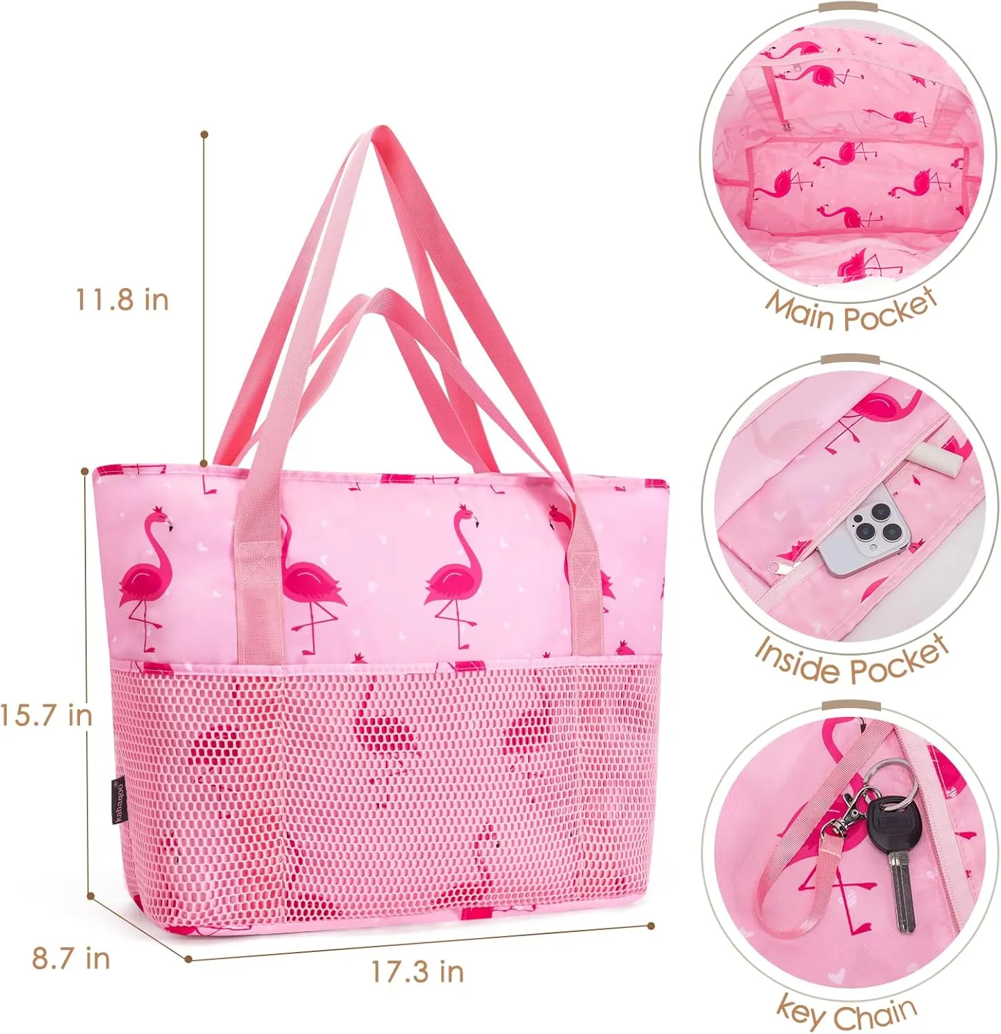KABAQOO Large Beach Bag Waterproof Sandproof Tote Bag for Women with Zipper & Mesh Pockets for Pool Swim Travel Everyday