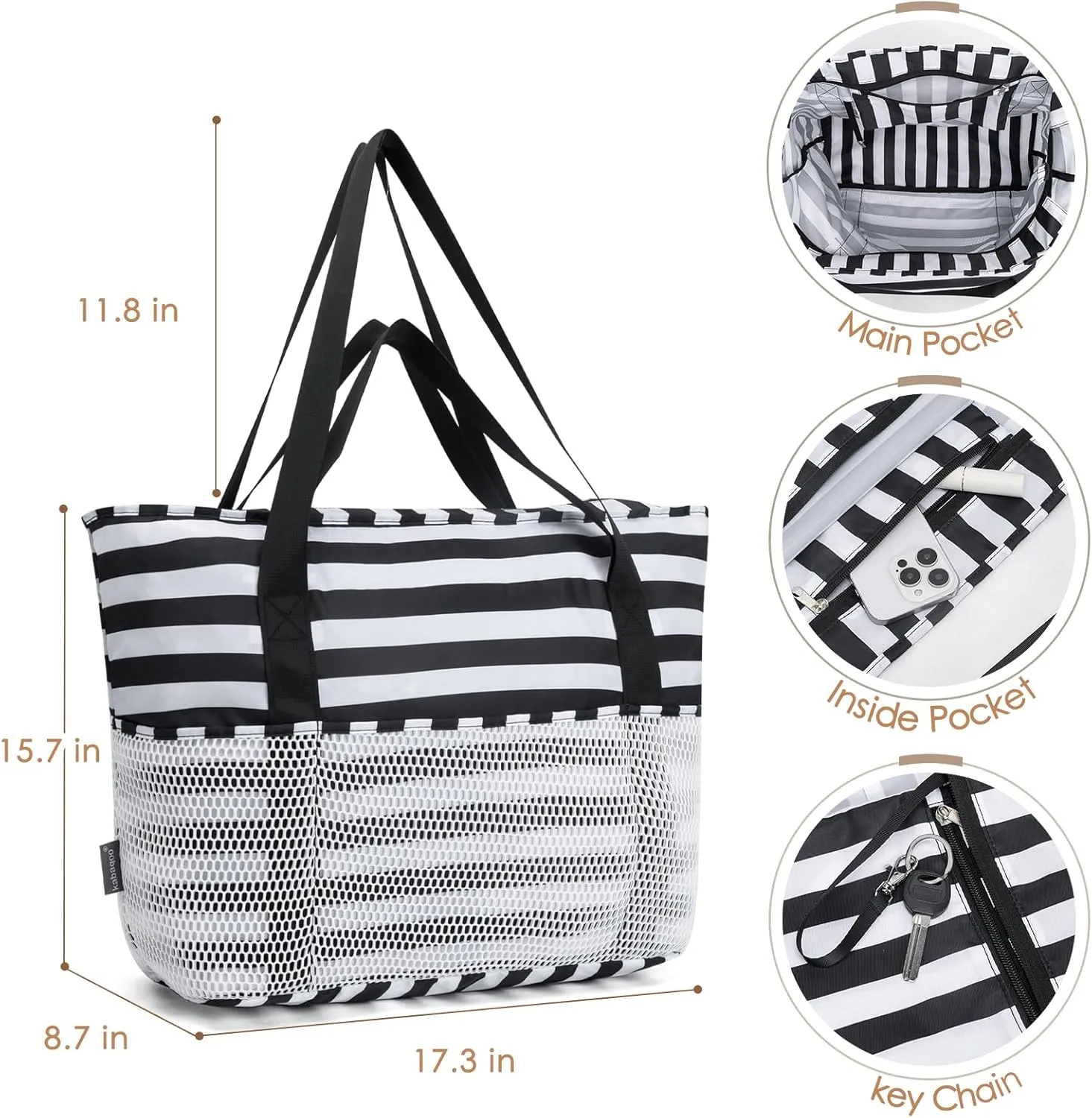 KABAQOO Large Beach Bag Waterproof Sandproof Tote Bag for Women with Zipper & Mesh Pockets for Pool Swim Travel Everyday